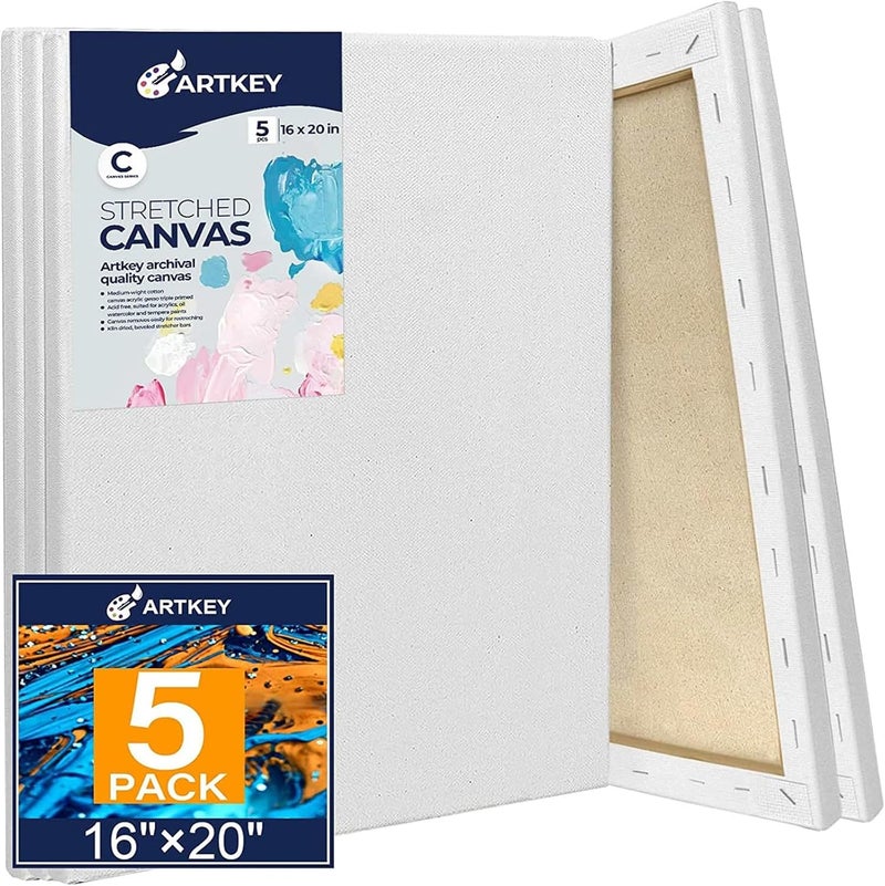 Artkey Stretched Canvases for Painting 16x20 Inch 5-Pack, 10 oz Triple Primed Acid-Free 100% Cotton Blank Canvas, Rectangular Canvas for Oil Paint Acrylics Pouring & Wet Art Media, Pour Painting - Image 1